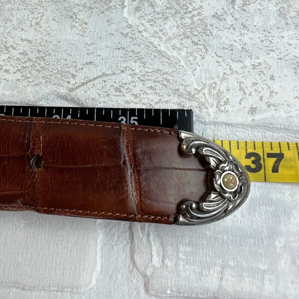 Brighton Belt Womens Medium Brown Croc Embossed Ornate Silver Buckle Pearls 1996